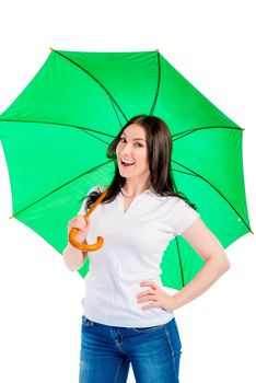 girl with a green umbrella on a white background