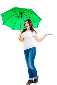 Vertical picture of a girl with an umbrella green