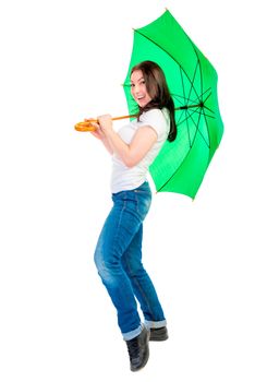 cheerful young woman with a green umbrella cane