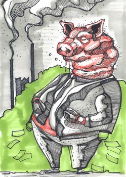 Hand drawn illustration or drawing of a cartoon pig in a suit with a mountain of money