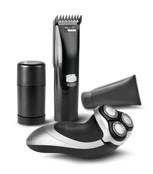Men's hair and beard styling accessories set isolated