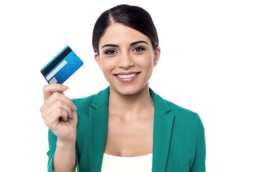 Female executive showing her new credit card.