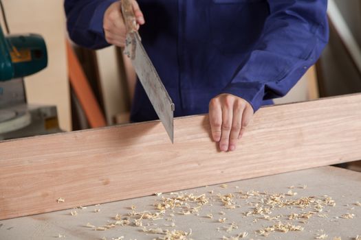 Carpenter cutting a piece ok wood