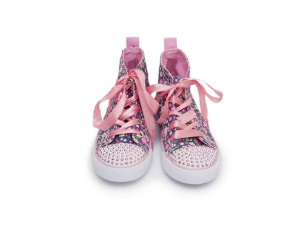 Pair of pink sport shoes on white background

