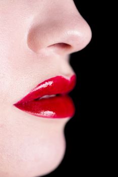 Attractive shiny red lips, sensual open mouth