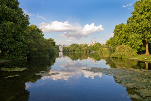 St. James Park with London Eye and Horse Guards Buildings, London, UK