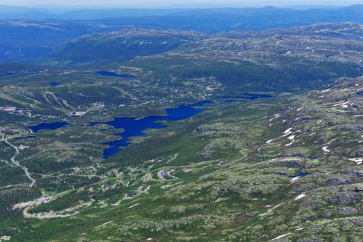 Panoramic view from Gaustatoppen mountain at sunny summer day, Telemark, Norway