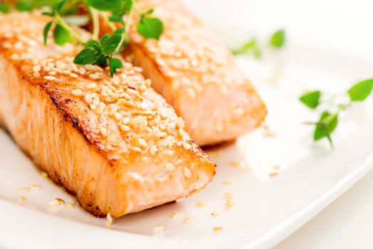 Grilled salmon, sesame seeds  and marjoram on white plate. Studio shot