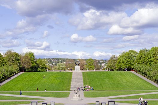 OSLO - MAY 18: Statues in Vigeland park in Oslo, Norway on May 18, 2012. The park covers 80 acres and features 212 bronze and granite sculptures created by Gustav Vigeland.