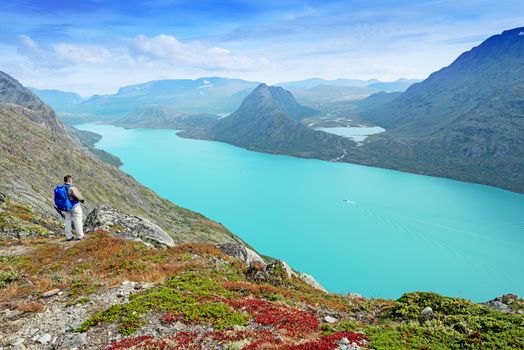 Backpacker at Besseggen ridge at Jotunheimen national park, Norway