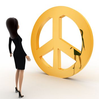 3d woman lokking at golden symbol concept on white background, right side angle view