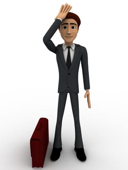 3d business man in stress with briefcase concept on white background, front angle view