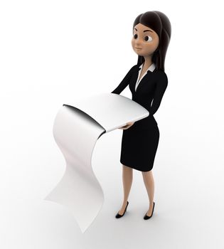 3d woman with long list of paper concept on white background, top angle view