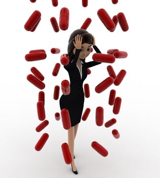 3d woman under rain of red germs concept on white background, top angle view