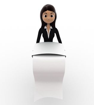 3d woman with long list of paper concept on white background, front angle view