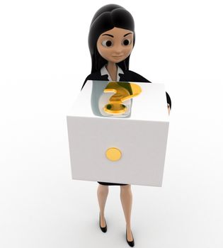 3d woman with big golden dice concept on white background, front angle view