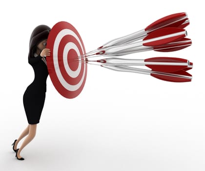 3d woman aim all arrow at center of target board concept on white background, left side angle view