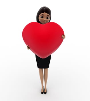 3d woman holding big red heart concept on white background, front angle view