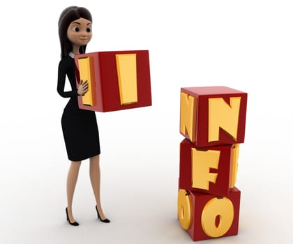 3d woman put info cubes concept on white background, front angle view