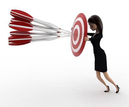 3d woman aim all arrow at center of target board concept on white background, right side angle view