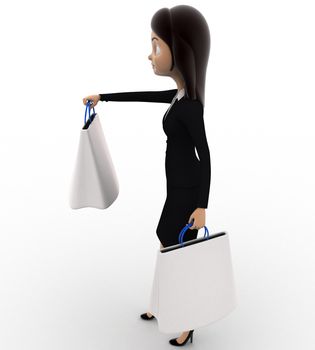 3d woman with white shopping bags concept on white background, right side angle view