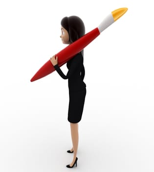 3d woman with red paint brush concept on white background, right side angle view