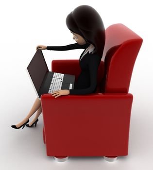 3d woman working on laptop while sitting on sofa seat concept on white background, top angle view