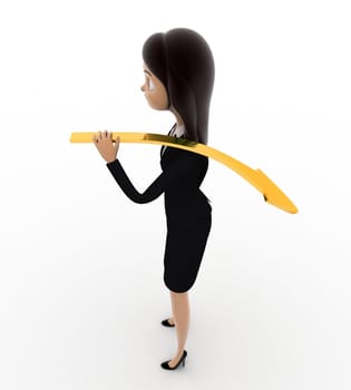 3d woman carry golden arrow on shoulder concept on white background, right side angle view