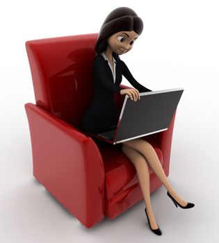 3d woman working on laptop while sitting on sofa seat concept on white background, left side angle view
