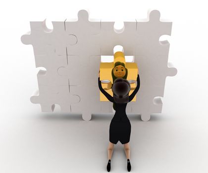 3d woman put last piece of jigsae puzzle concept on white background, front angle view