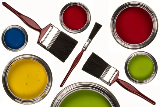 Selection of paints and paintbrushes - isolated