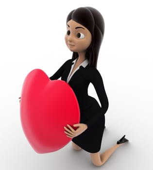 3d woman holding love heart concept on white background, top angle view
