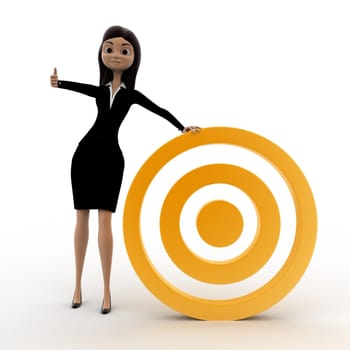 3d woman with golden target concept on white background, front angle view