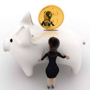 3d woman with big white piggybank concept on white background, right side angle view