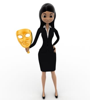 3d woman holding golden mask concept on white background, front angle view