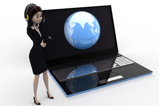 3d woman prsent earth on laptop screen concept on white background, left side angle view