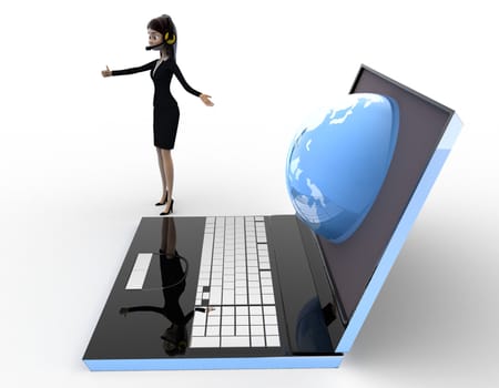 3d woman prsent earth on laptop screen concept on white background, right side angle view