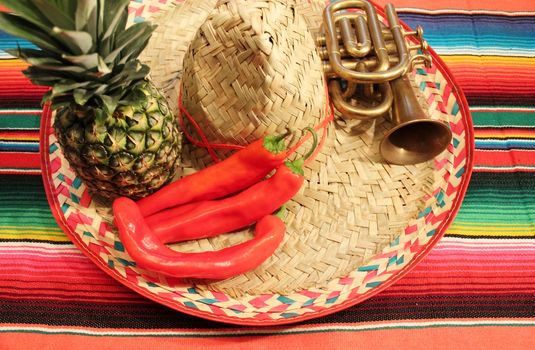 Traditional Mexican fiesta poncho rug  in bright colors with sombrero background with copy space