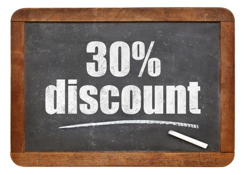 thirty  percent discount sign - white chalk text on an isolated  vintage slate blackboard