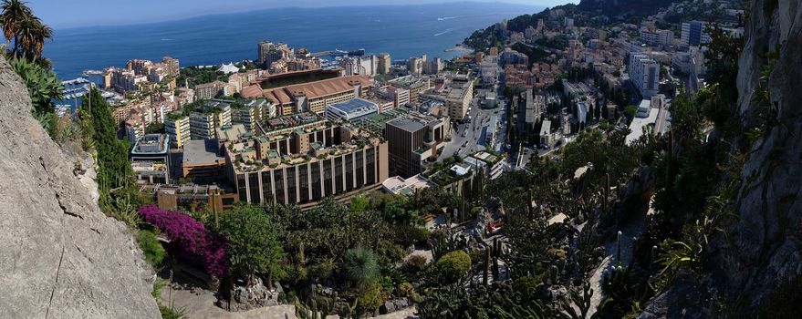 Panoramic view of Fontvieille District in Monaco from the Exotic Garden