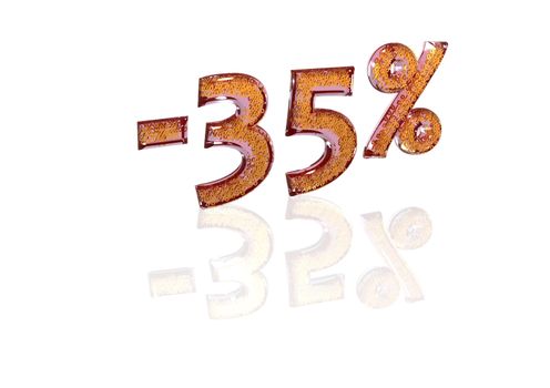 Transparent inscription minus 35 percent with a set of gold signs of percent in it