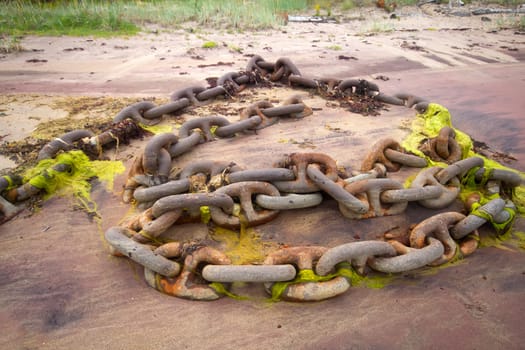 anchor chain on the shore close up