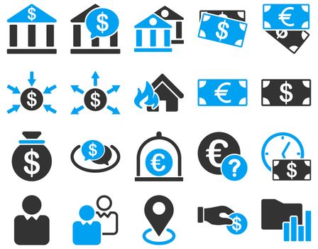 Bank service and trade business icon set. These flat bicolor symbols use modern corporate light blue and gray colors. Glyph images are isolated on a white background. Angles are rounded.
