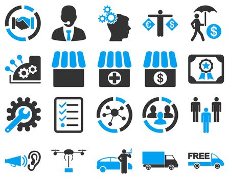 Business, trade, shipment icons. These flat bicolor symbols use modern corporate light blue and gray colors. Images are isolated on a white background. Angles are rounded.