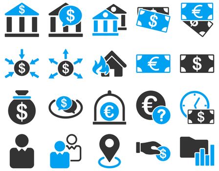 Bank service and trade business icon set. These flat bicolor symbols use modern corporate light blue and gray colors. Glyph images are isolated on a white background. Angles are rounded.