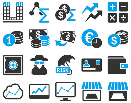 Accounting service and trade business icon set. These flat bicolor symbols use modern corporate light blue and gray colors. Glyph images are isolated on a white background. Angles are rounded.