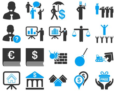 Bank service and people occupation icon set. These flat bicolor symbols use modern corporate light blue and gray colors. Glyph images are isolated on a white background. Angles are rounded.