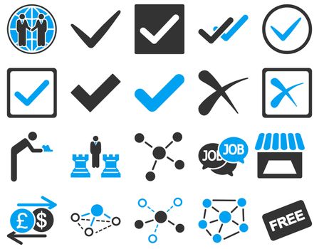 Agreement and trade links icon set. These flat bicolor symbols use modern corporate light blue and gray colors. Glyph images are isolated on a white background. Angles are rounded.