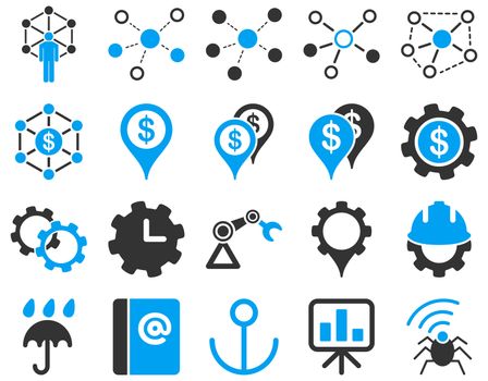 Business links and industry icon set. These flat bicolor symbols use modern corporate light blue and gray colors. Glyph images are isolated on a white background. Angles are rounded.