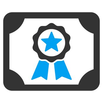 Certificate icon from Business Bicolor Set. Glyph style is bicolor flat symbol, blue and gray colors, rounded angles, white background.